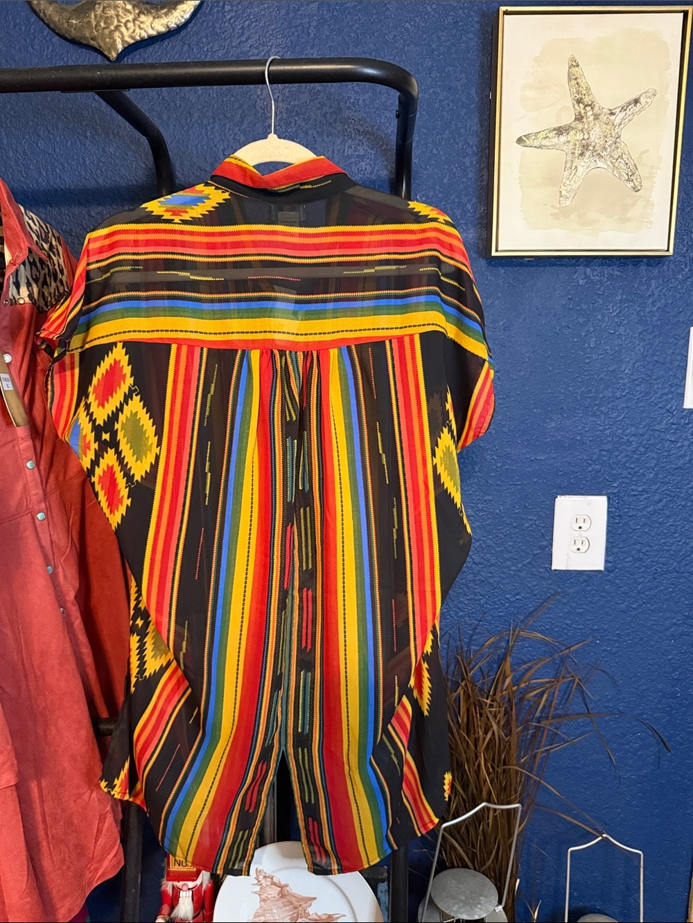 Womens Short-Sleeve Button-Down Shirt in Black with Red & Yellow Stripes - Picture 2 of 3